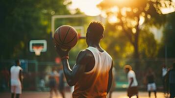 giovane africano americano uomo giocando pallacanestro a tramonto. sport e attivo stile di vita concetto. generativo ai foto