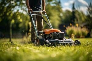 uomo falciatura il prato con un' prato falciatore nel il giardino. giardinaggio concetto. generativo ai foto