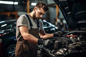 auto meccanico Lavorando nel auto riparazione negozio. bello giovane uomo nel uniforme Lavorando con auto motore. generativo ai foto