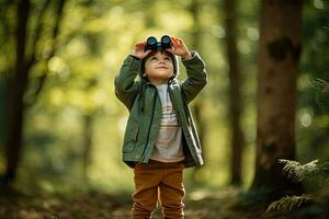 poco ragazzo guardare attraverso binocolo nel il parco. ragazzo esplorando natura. generativo ai foto