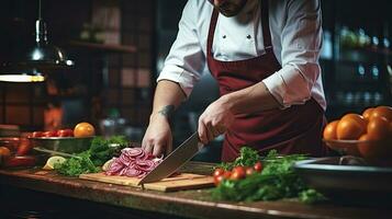 capocuoco è preparazione cibo ingredienti su un' di legno tavola nel un' ristorante cucina. generativo ai foto