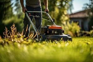 uomo falciatura il prato con un' prato falciatore nel il giardino. giardinaggio concetto. generativo ai foto