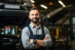 auto meccanico Lavorando nel auto riparazione negozio. bello giovane uomo nel uniforme Lavorando con auto motore. generativo ai foto