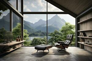 interno di moderno vivente camera con di legno muri, calcestruzzo pavimento, panoramico finestra e montagna Visualizza. generativo ai foto