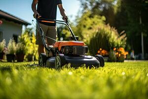 uomo falciatura il prato con un' prato falciatore nel il giardino. giardinaggio concetto. generativo ai foto