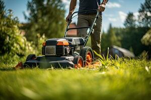 uomo falciatura il prato con un' prato falciatore nel il giardino. giardinaggio concetto. generativo ai foto