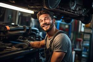 auto meccanico Lavorando nel auto riparazione negozio. bello giovane uomo nel uniforme Lavorando con auto motore. generativo ai foto