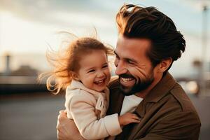 contento padre e figlia abbracciare e sorridente mentre la spesa tempo insieme all'aperto. generativo ai foto