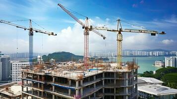 costruzione luogo con gru e edificio sotto costruzione, panoramico Visualizza. generativo ai foto