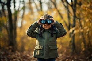 poco ragazzo guardare attraverso binocolo nel il parco. ragazzo esplorando natura. generativo ai foto