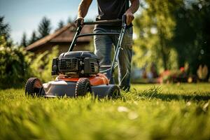 uomo falciatura il prato con un' prato falciatore nel il giardino. giardinaggio concetto. generativo ai foto