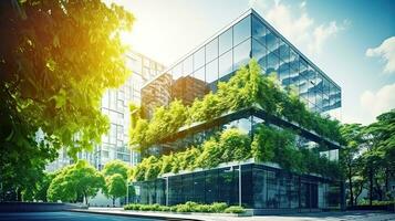 moderno ufficio edificio con verde le foglie. parte inferiore Visualizza di moderno ufficio edificio con verde le foglie. generativo ai foto