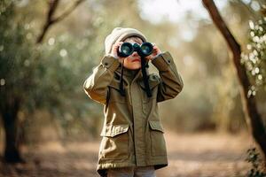 poco ragazzo guardare attraverso binocolo nel il parco. ragazzo esplorando natura. generativo ai foto