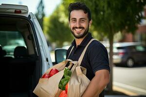 un' giovane uomo trasporta un' shopping Borsa pieno di frutta e verdure. cibo consegna servizio. generativo ai foto