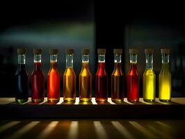 bottiglie con diverso sorgenti in piedi nel un' riga. alto qualità. ai generativo foto