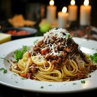 fresco pasta con sostanzioso bolognese e parmigiano formaggio su il sfondo con candele. alta risoluzione. ai generativo foto