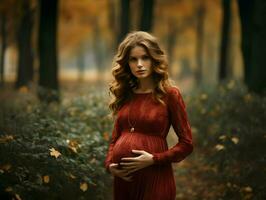 un' incinta donna nel un' rosso vestito nel il parco. alto qualità. ai generativo foto