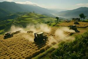 avvicinamento cinematico tiro di agricoltori raccolta terrazzato campi. alto qualità. ai generativo foto