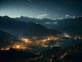 avvicinamento cinematico tiro ore notturne nel il città nel montagne. alta risoluzione. ai generativo foto