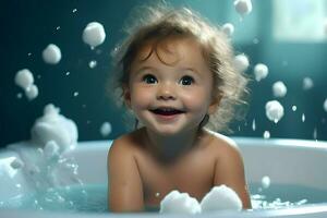 carino bambino nel il vasca da bagno un' cinematico tiro monocolore sfondo. alto qualità. ai generativo foto
