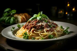 fresco pasta con sostanzioso bolognese e parmigiano formaggio. alto qualità. ai generativo foto