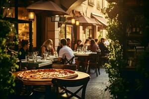 foto di un italiano ristorante con Pizza. alta risoluzione. ai generativo