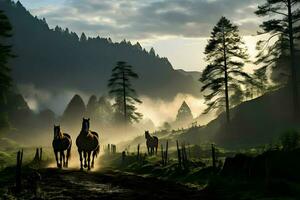 cavalli nel montagne nebbioso mattina. alta risoluzione. ai generativo foto