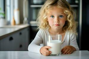 un' carino bionda bambino con blu occhi e un' bicchiere di latte. alta risoluzione. ai generativo foto