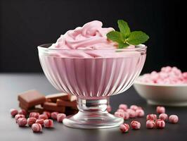 isolato rosa Yogurt con ghiaccio nel un' bicchiere ciotola. alto qualità. ai generativo foto