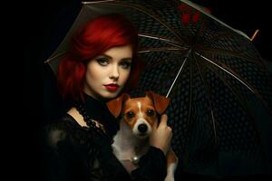 dai capelli rossi donna e cane Jack russell terrier sotto un ombrello. alto qualità. ai generativo foto