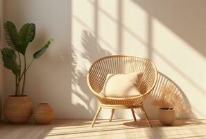 di vimini sedia e in vaso pianta di il finestra 3d rendere. ai generato foto