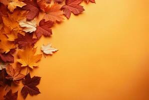 autunno le foglie su arancia sfondo con copia spazio. ai generato foto