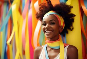 africano donna sorrisi con colorato strisce di nastro. ai generato foto