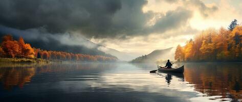 canoa su lago durante autunno illusorio immagini. ai generato foto