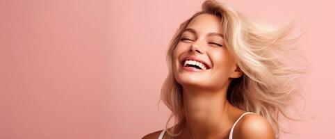 sorridente donna rosa sfondo concettuale minimalismo. ai generato foto