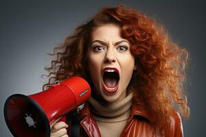 ritratto di un' giovane donna urlando attraverso un' megafono. ai generato foto