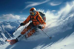 sciatore sciare discesa nel alto montagne durante soleggiato giorno. misto media. estremo inverno sport. 3d illustrazione. freeride sciatore scorrevole discesa nel neve su un' buio sfondo. ai generato foto