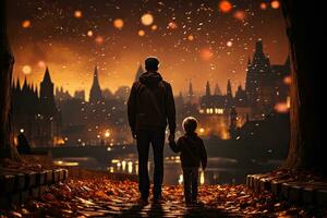 silhouette di padre e figlio con fuochi d'artificio su il sfondo di il città. indietro Visualizza di padre e figlio guardare a fuochi d'artificio su notte città sfondo. ai generato foto