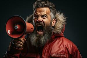 ritratto di arrabbiato anziano uomo nel rosso felpa con cappuccio urlando attraverso megafono isolato su grigio. ai generato foto