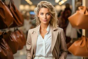 saldi, consumismo e persone concetto. ritratto di un' bellissimo giovane donna nel un' shopping centro commerciale, guardare a telecamera. ai generato foto