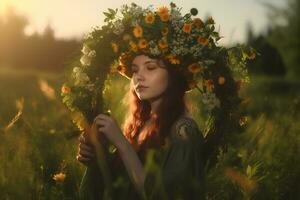 un' giovane donna nel un' fiore ghirlanda su un' assolato prato. fotorealistico Immagine. ai generato. foto