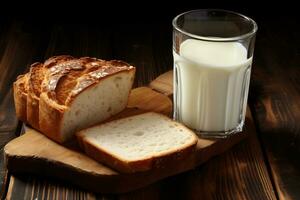 un' bicchiere di latte e simpatico pane per colazione, ai generato foto