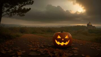 Halloween sfondo. Jack o lanterna contro il fondale di un' mistico castello e un' cupo foresta. ai generato foto