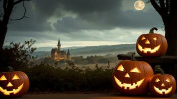 Halloween sfondo. Jack o lanterna contro il fondale di un' mistico castello e un' cupo foresta. ai generato foto
