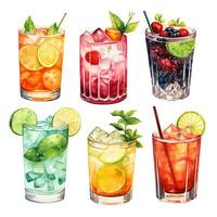 acquerello disegno, impostato di bicchieri con alcolizzato bevande con Ghiaccio. cocktail con frutta, frutti di bosco e lequer. illustrazione nel Vintage ▾ stile. ai generato foto