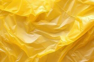 luminosa giallo plastica avvolgere copertura sfondo. spiegazzato e drappeggiato strutturato cellofan Materiale foto