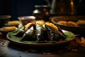 riso Ravioli, zongzi, Cinese tradizionale cibo, zongzi su il piatto su il tavolo, ai generato foto