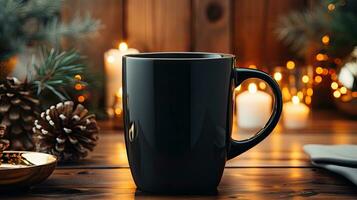 boccale con caldo Natale bevanda caldo tè o caffè contro accogliente inverno nuovo anno decorazioni e sfocato sfondo foto