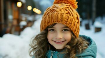 poco ragazza nel un' giallo berretto, sorridente brillantemente.. generativo ai foto