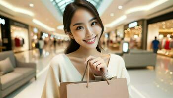 un' bellissimo ragazza di asiatico discesa nel un' shopping centro commerciale.. generativo ai foto